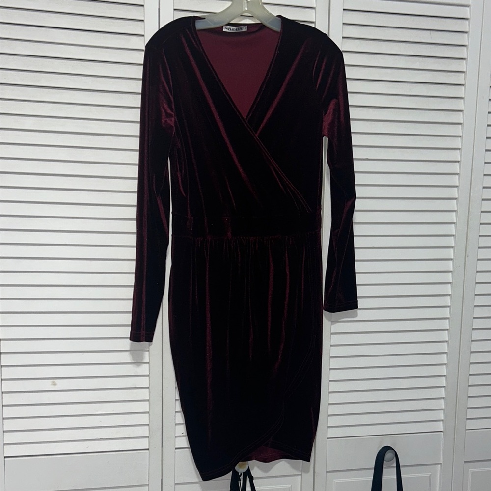 Fashion Nova Velvet Wrap Dress in Rich Burgundy
